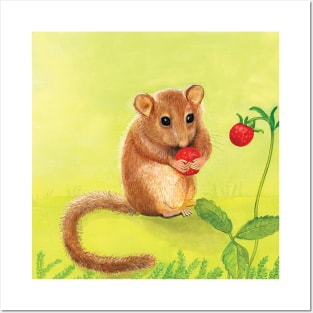 Hazel (or Common) dormouse eating woodland strawberry Posters and Art